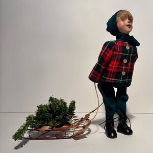 Vintage 12” Handmade Christmas Boy Doll w/ Sled & Greenery – Plaid Coat